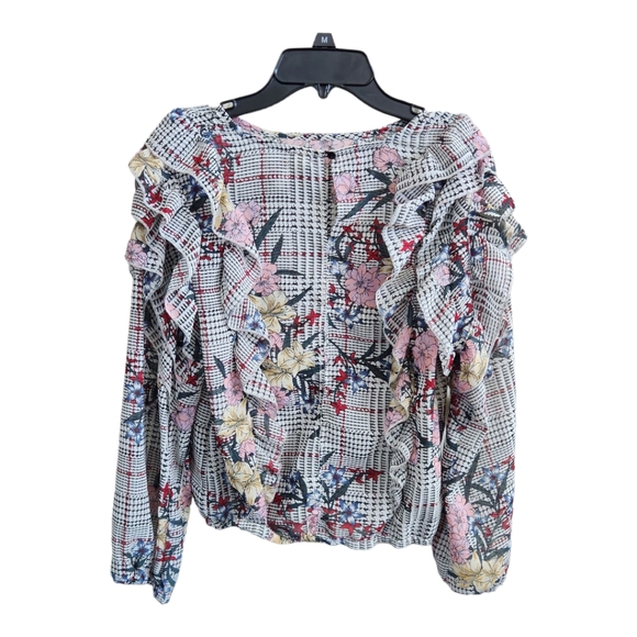 Truth Long Sleeve Floral & Plaid Blouse w/ Descending Ruffles juniors Size L - Picture 3 of 8
